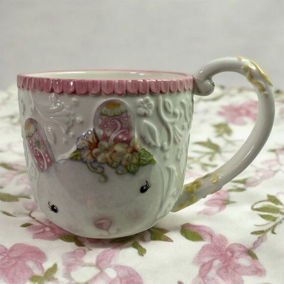 Grasslands Road White Pink Easter Bunny Rabbit Whimsical Ceramic Coffee Mug - Picture 1 of 7